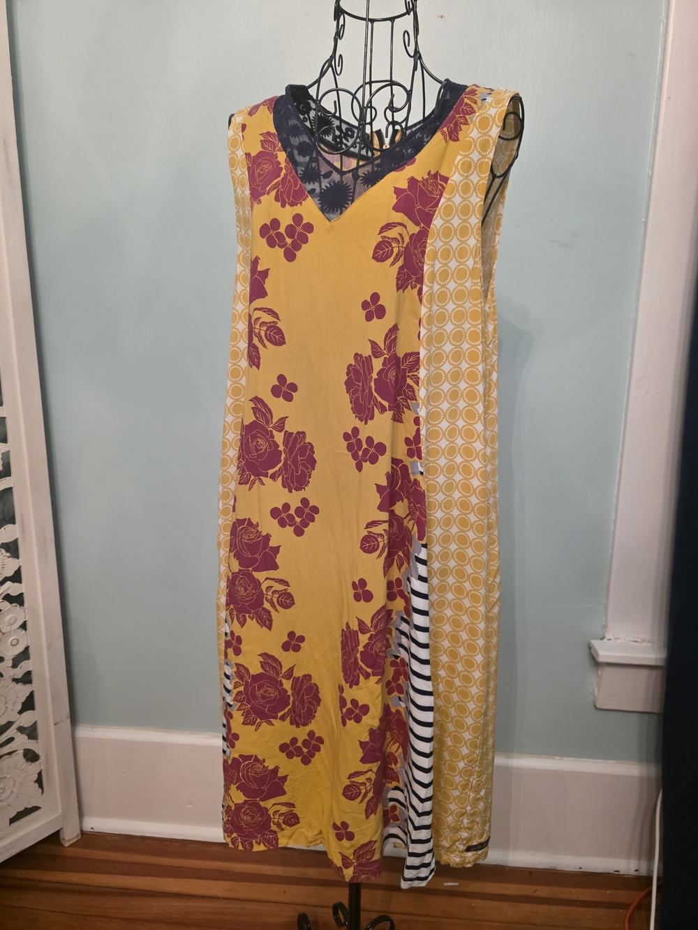 Women’s Yellow Patchwork V-Neck Midi Dress